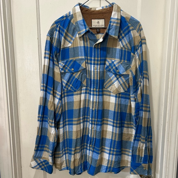 Legendary Whitetails XL Blue Tan Plaid Flannel Snap Button Shirt Farm Cowboy - Picture 1 of 6